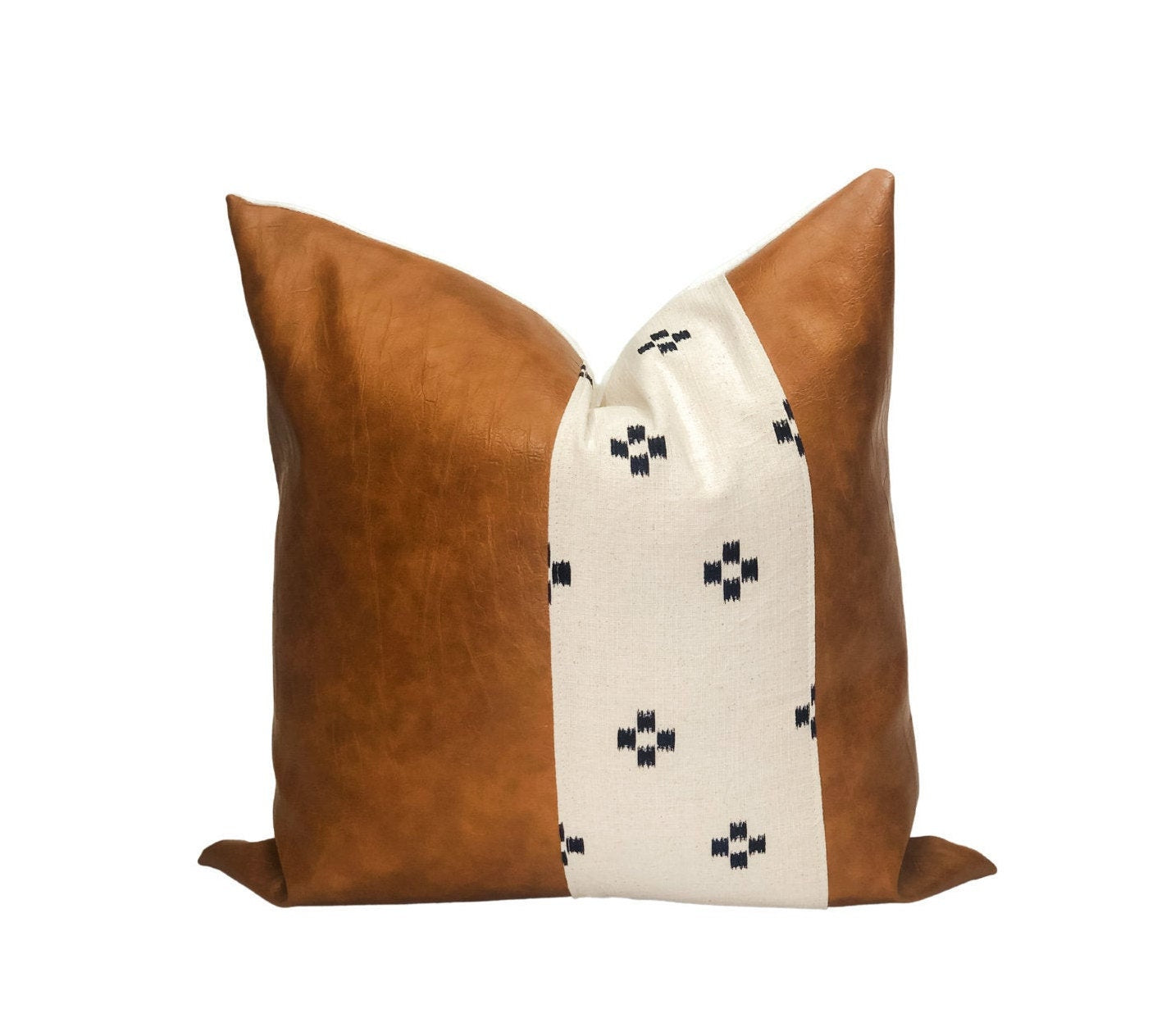 Cognac Faux Leather Pillow Cover: Cream & Blue Squares Accent, Mid-Century Modern Throw Pillow
