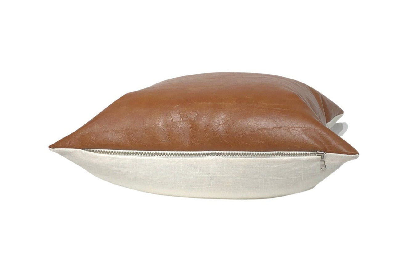 Cognac Faux Leather Pillow Cover: Rustic Modern Accent Cushion, Throw Pillow