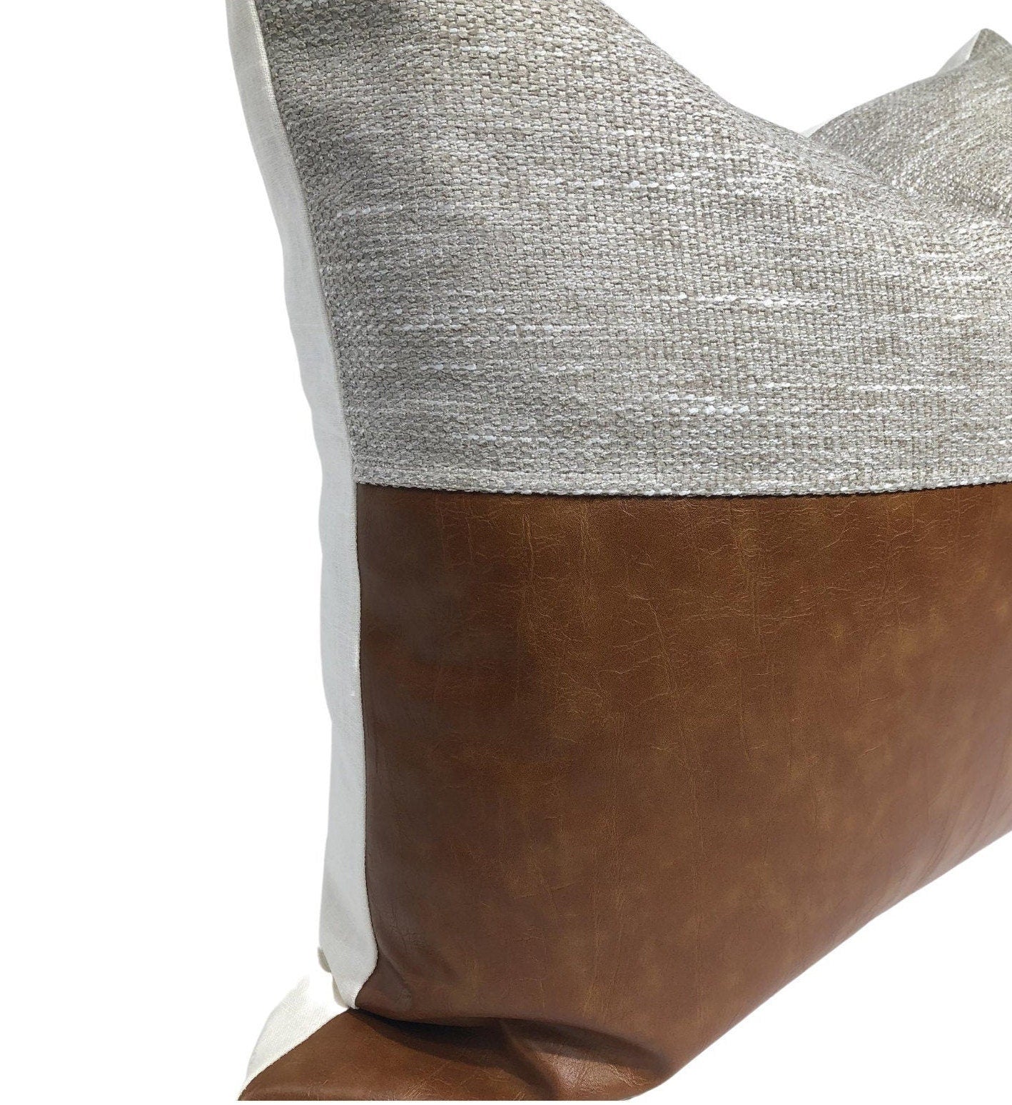 Mid-Century Modern Pillow Cover: Grey Beige & Cognac Faux Leather, Throw Pillow
