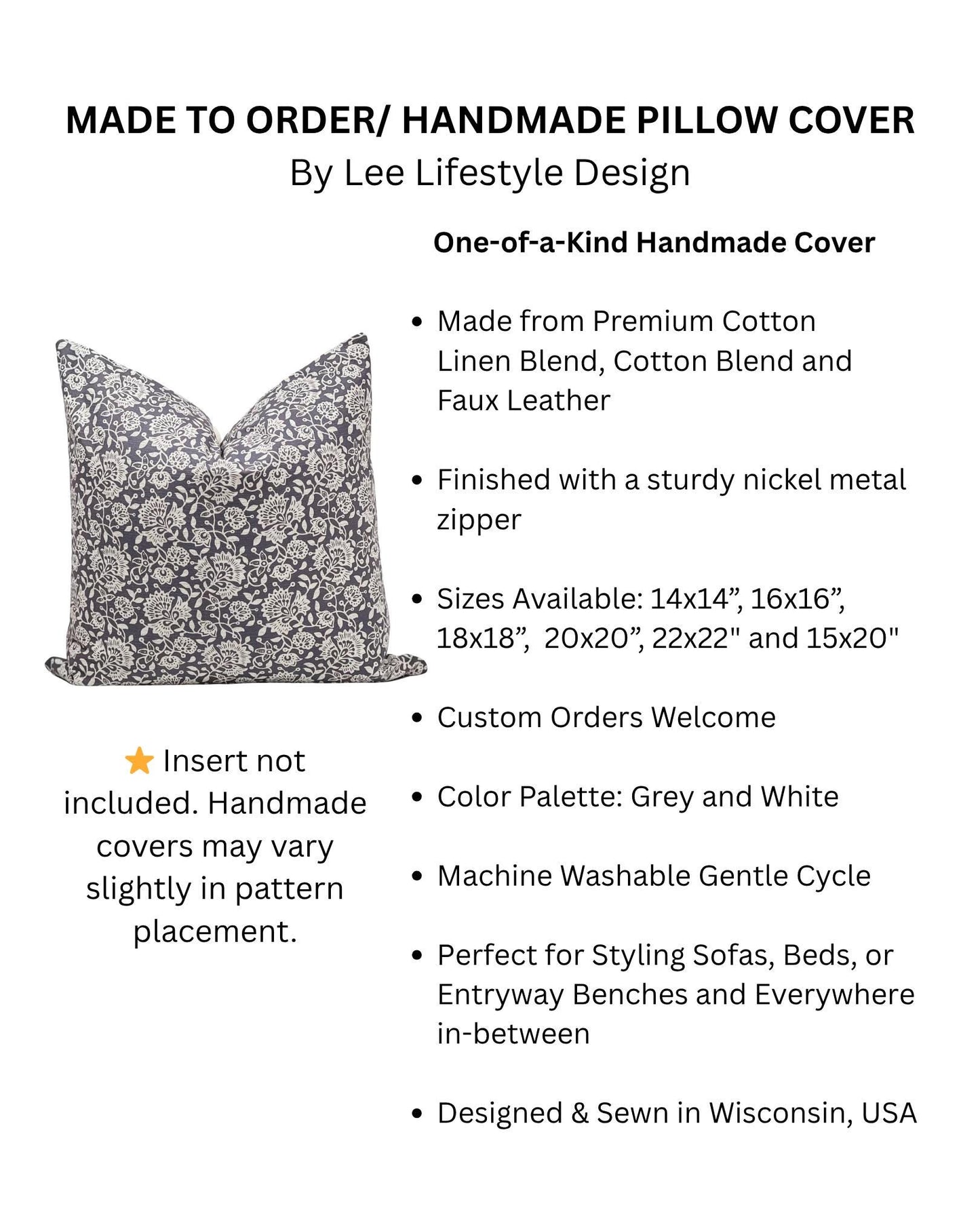 Grey Floral Pillow Cover: Modern Boho Throw Pillow, Decorative Sofa Cushion