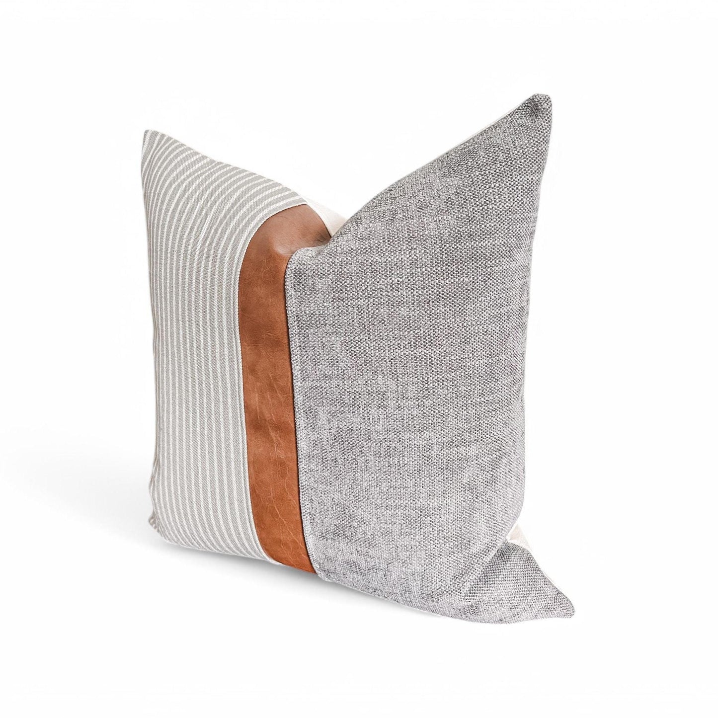 Grey & White Striped Pillow Cover: Cognac Faux Leather with Grey Woven Fabric, Farmhouse Decor