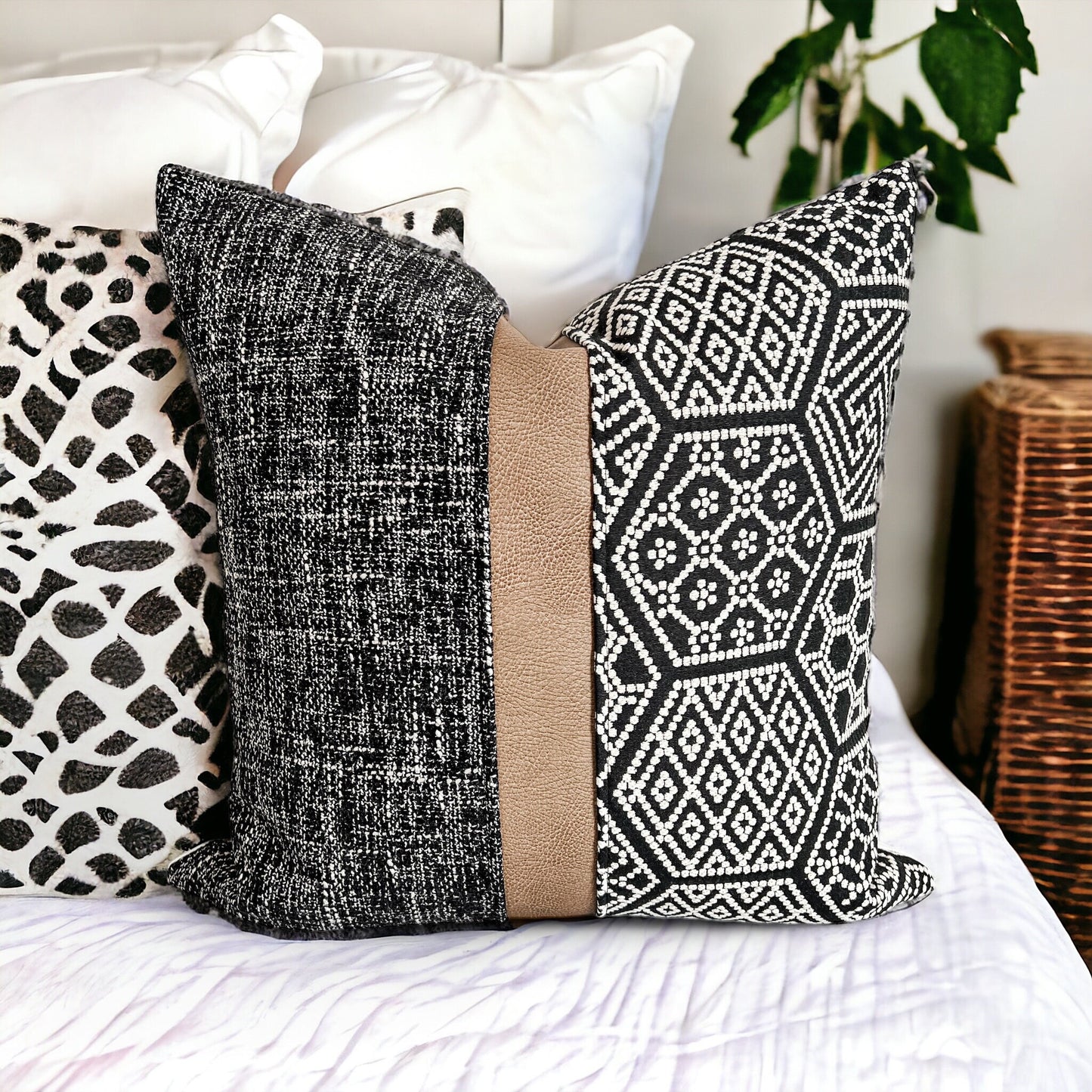 Black Woven Fabric with Tan Faux Leather Pillow Cover: Farmhouse Throw Pillow