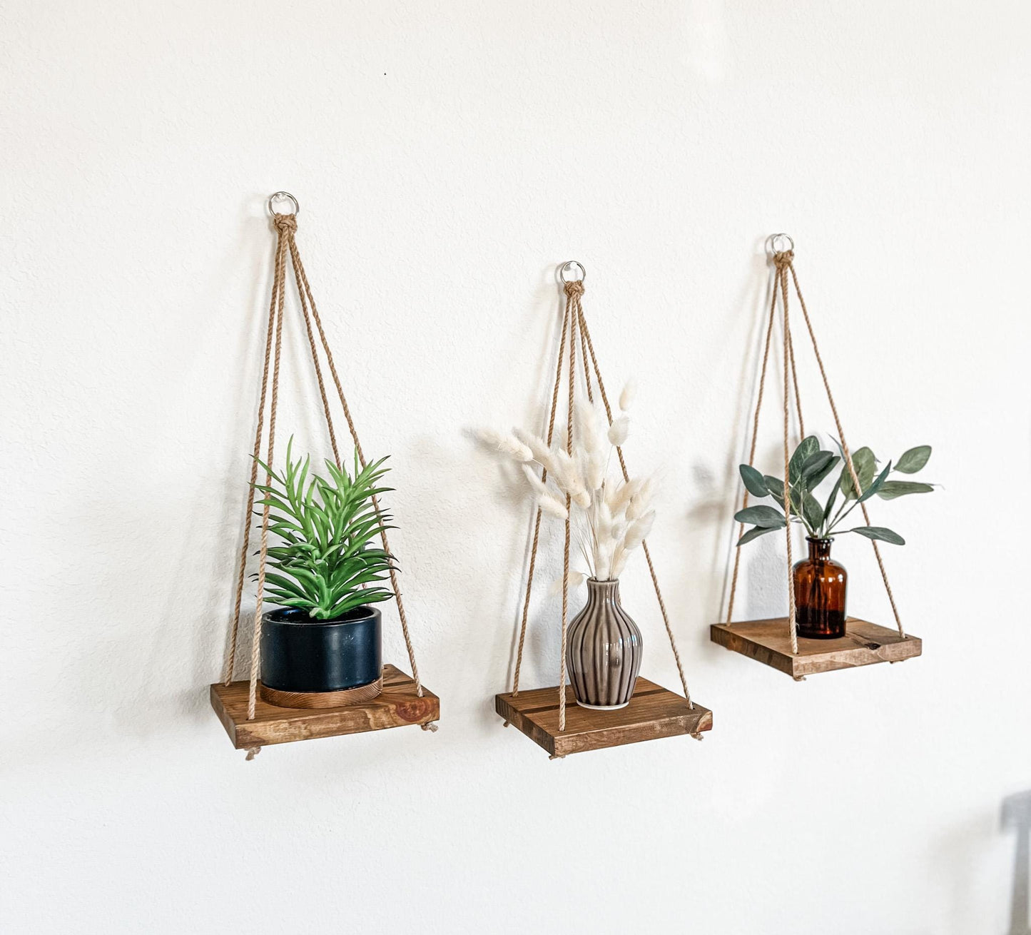 Wood Hanging Shelf Set of 3: Early American Stain, Boho Wall Decor