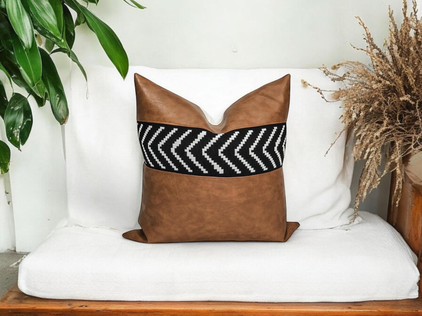Cognac Faux Leather Pillow Cover: Black Arrow, Modern  Boho Throw Pillow