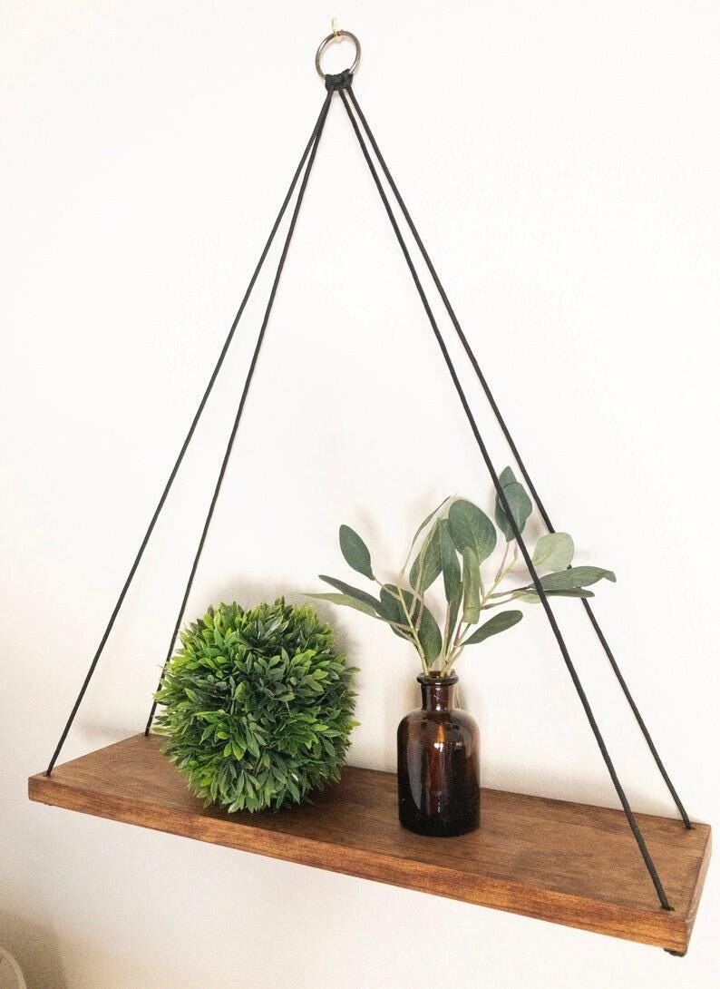 Wood Hanging Shelf: Handmade Farmhouse Decor with Black Rope & Silver Ring