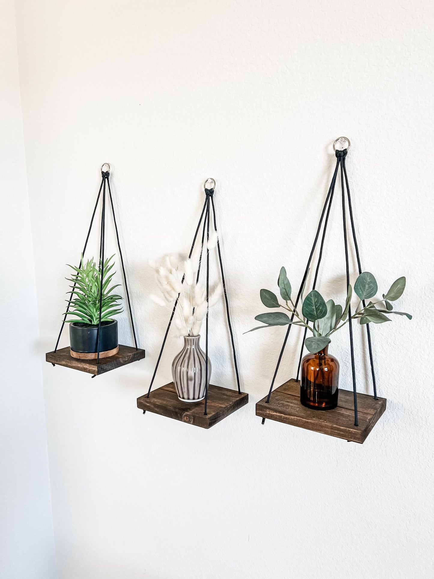 Wood Hanging Shelves Set of 3: Espresso Stain, Black Rope, Small Space